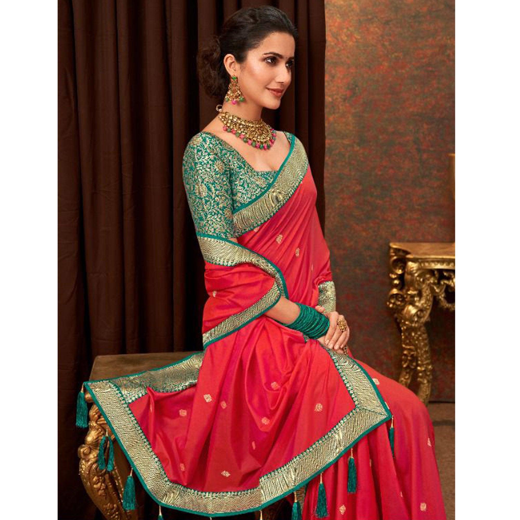 Red Woven Pure Silk Saree With Tassels - Peachmode