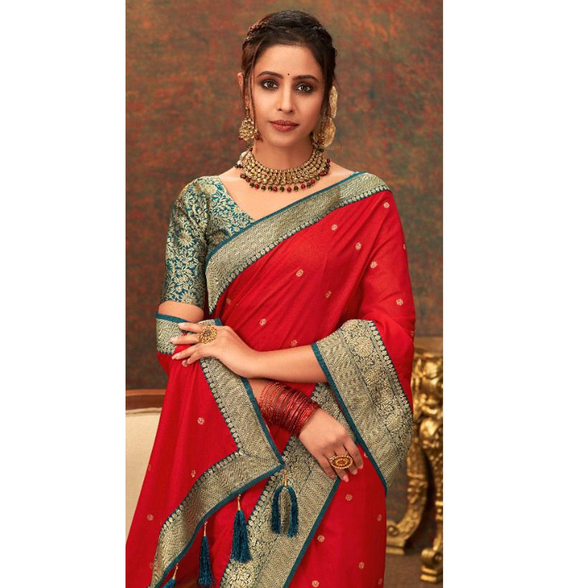 Red Woven Pure Silk Saree With Tassels - Peachmode