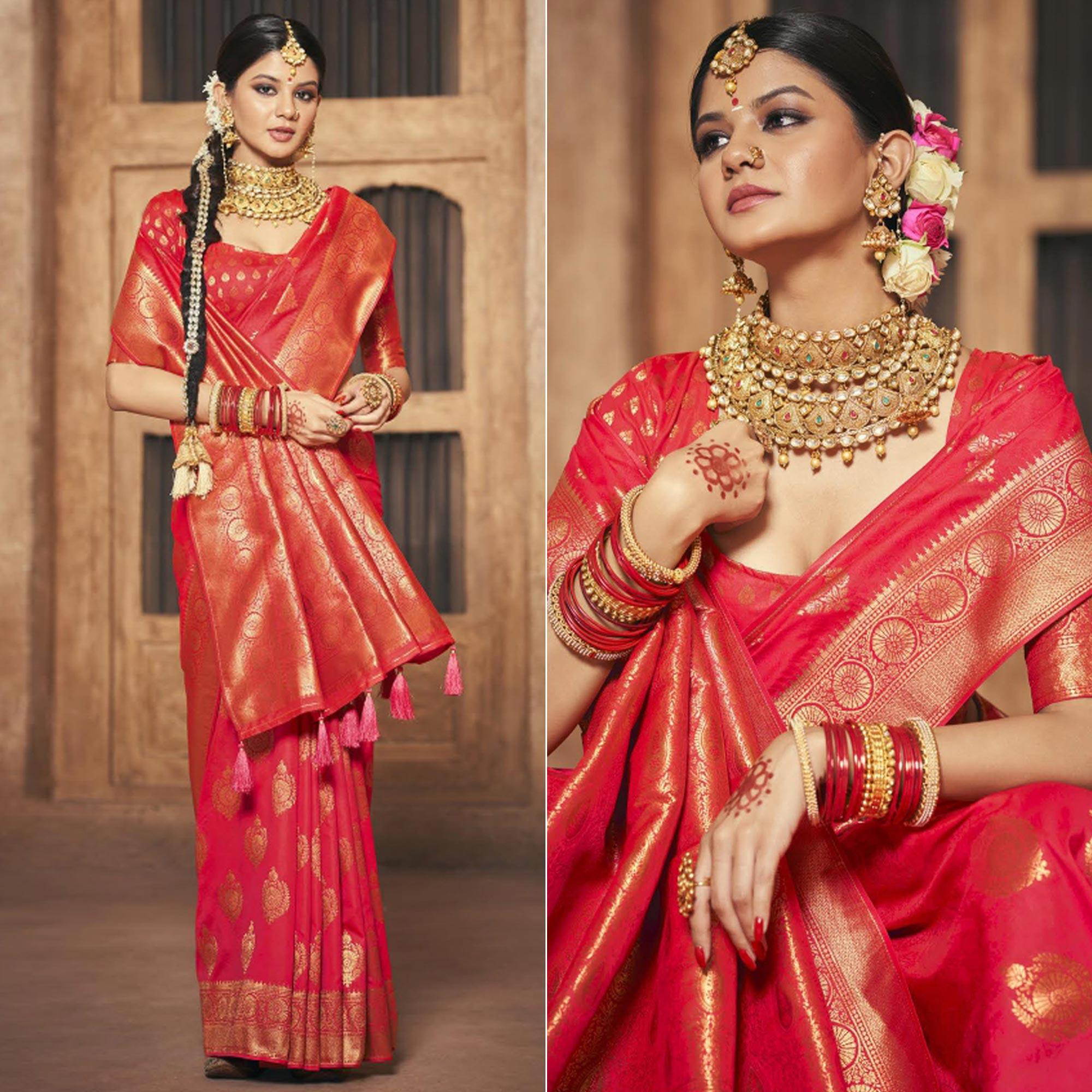 Red Woven Silk Saree With Tassels - Peachmode