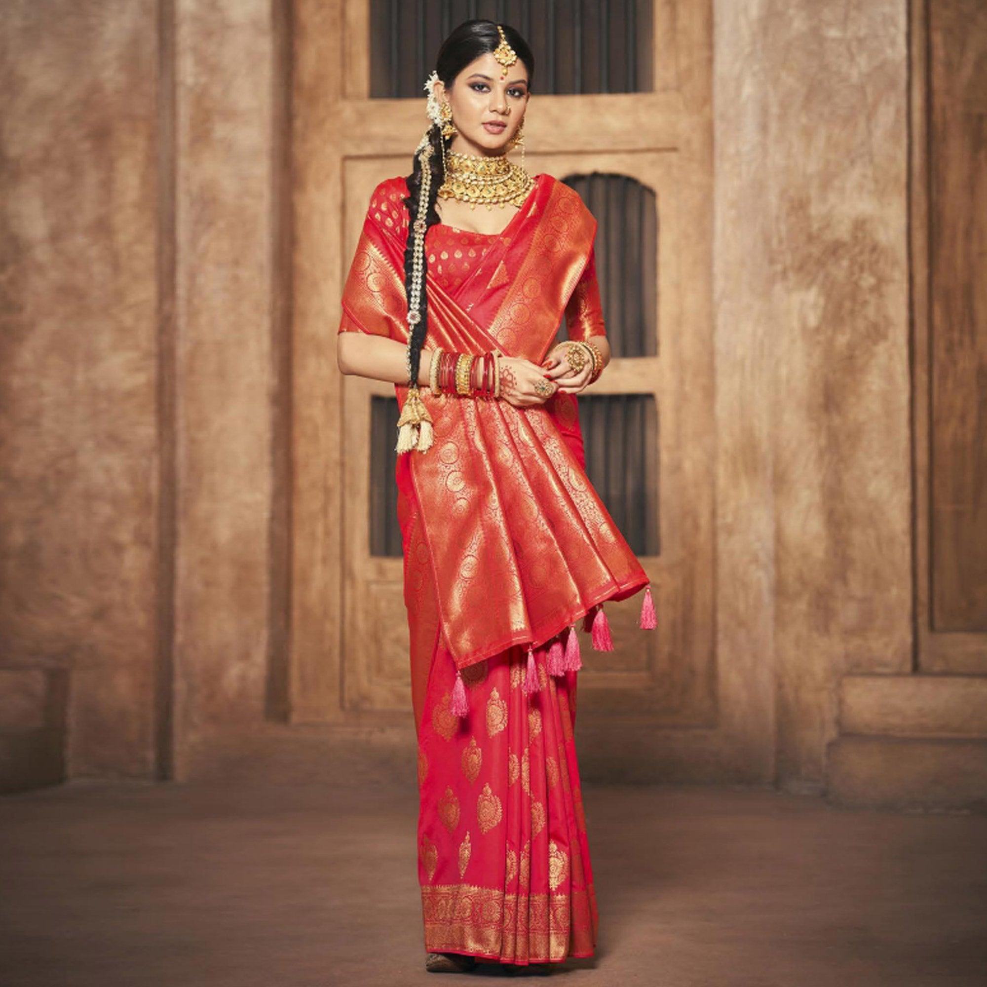 Red Woven Silk Saree With Tassels - Peachmode