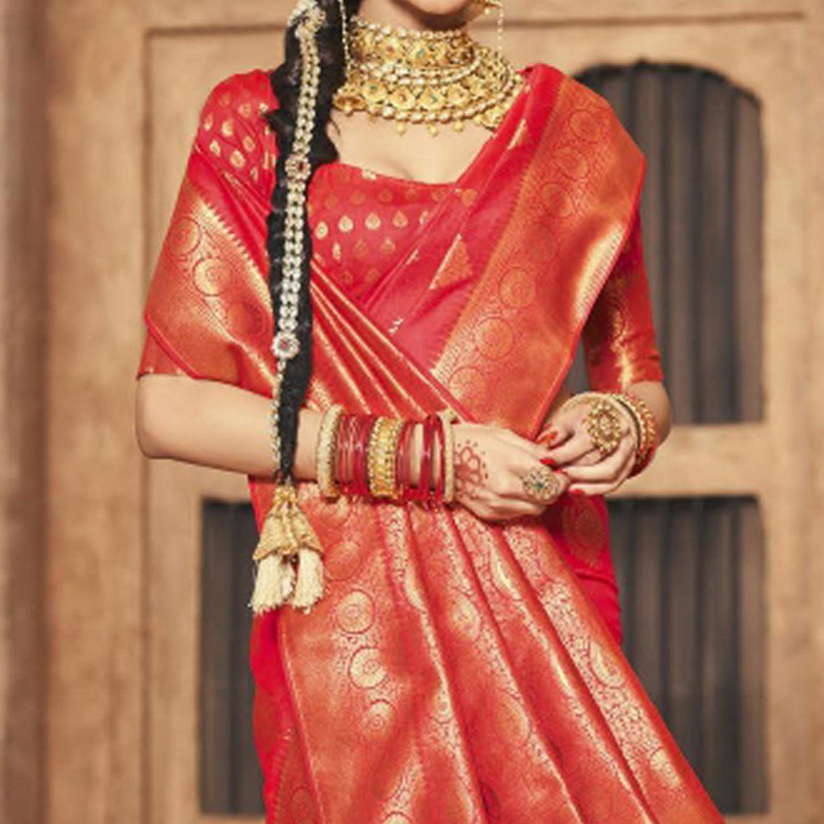Red Woven Silk Saree With Tassels - Peachmode