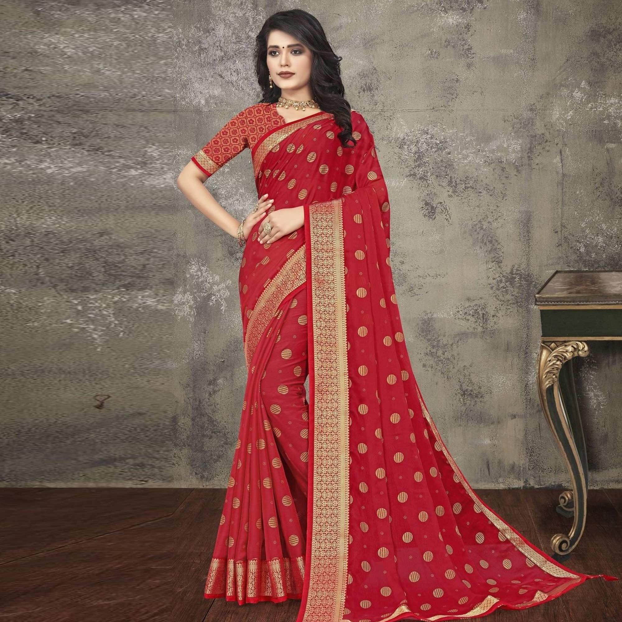 Red Woven Vichitra Silk Saree - Peachmode