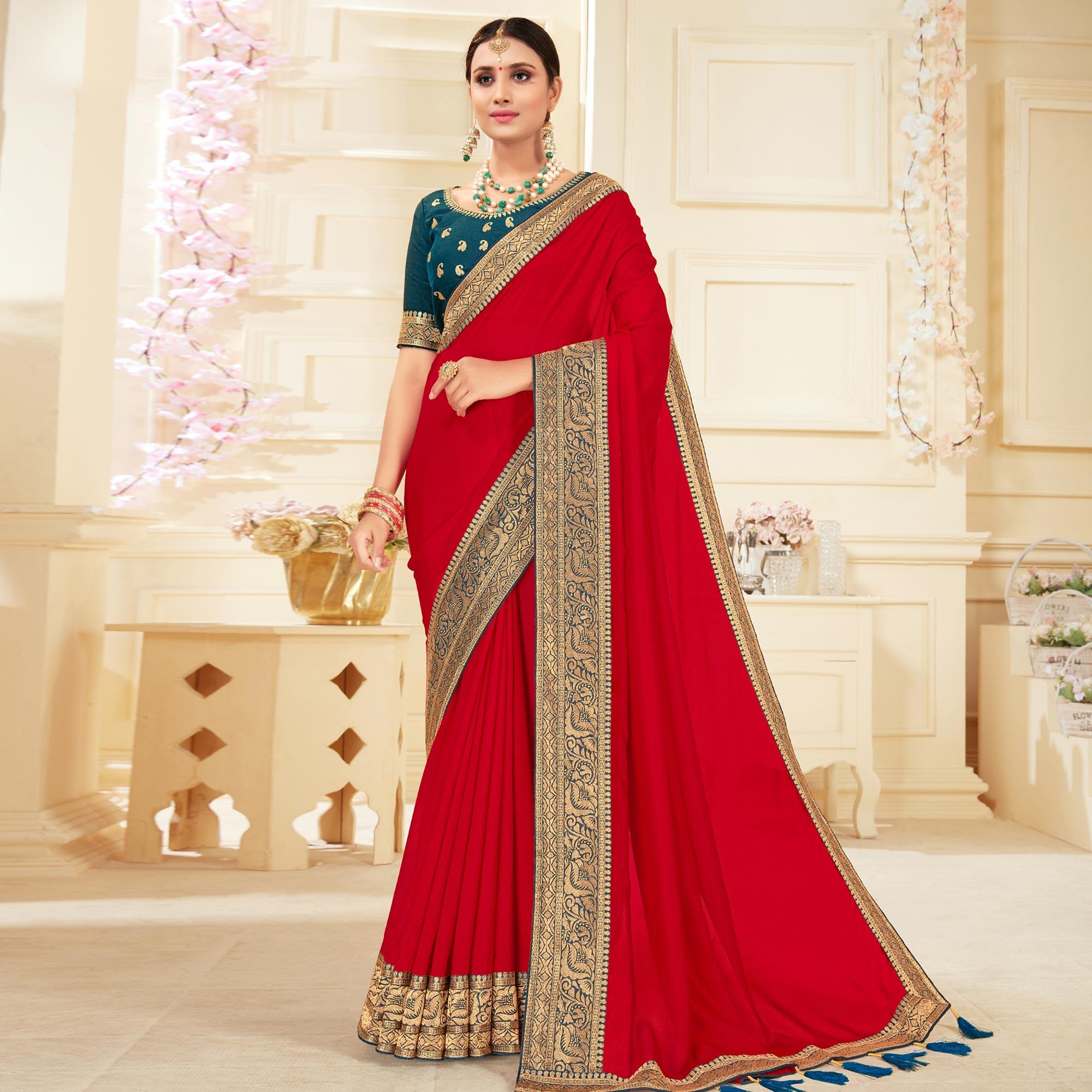 Red Woven Vichitra Silk Saree - Peachmode
