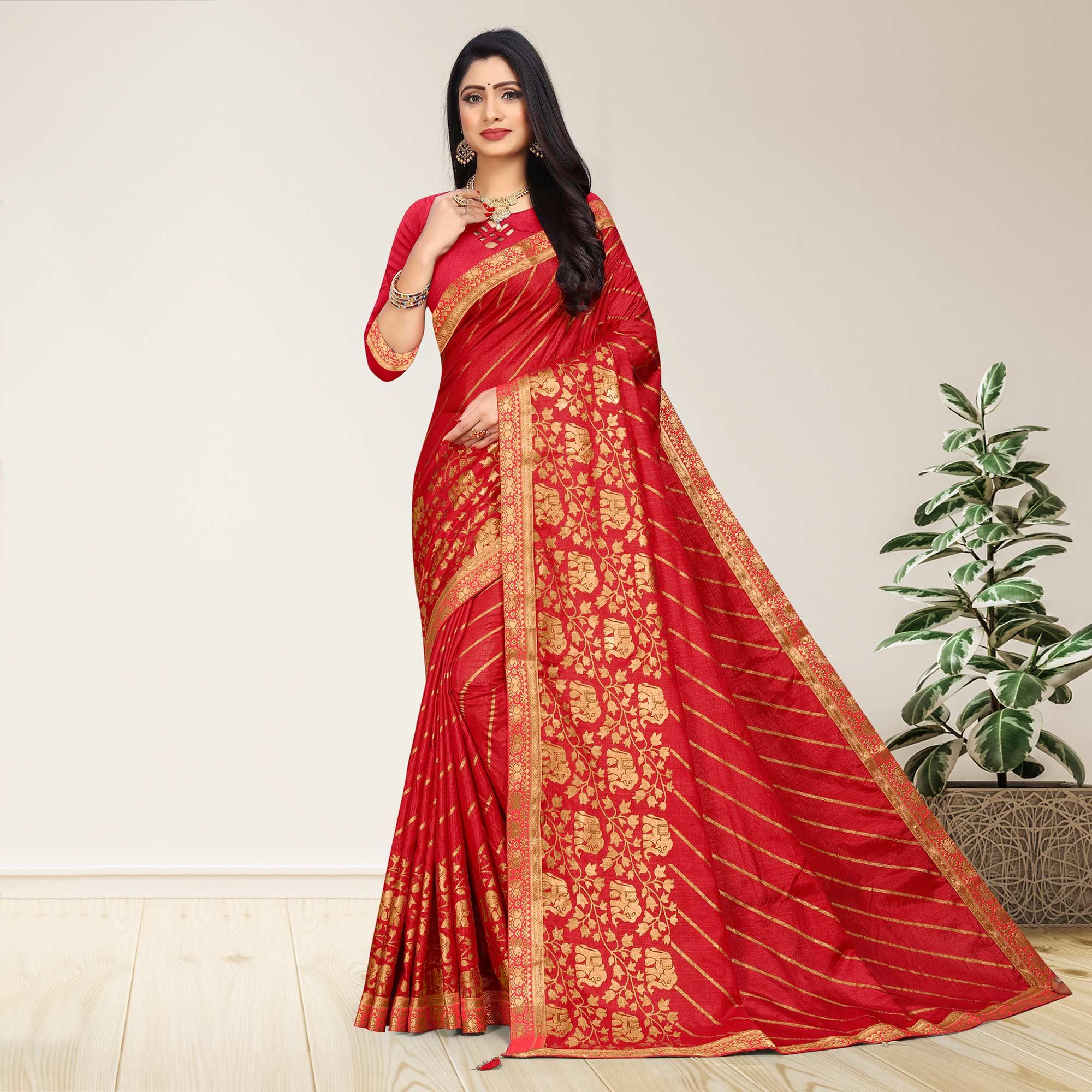 Red Woven Vichitra Silk Saree - Peachmode