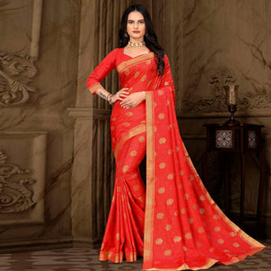 Red Woven Vichitra Silk Saree - Peachmode