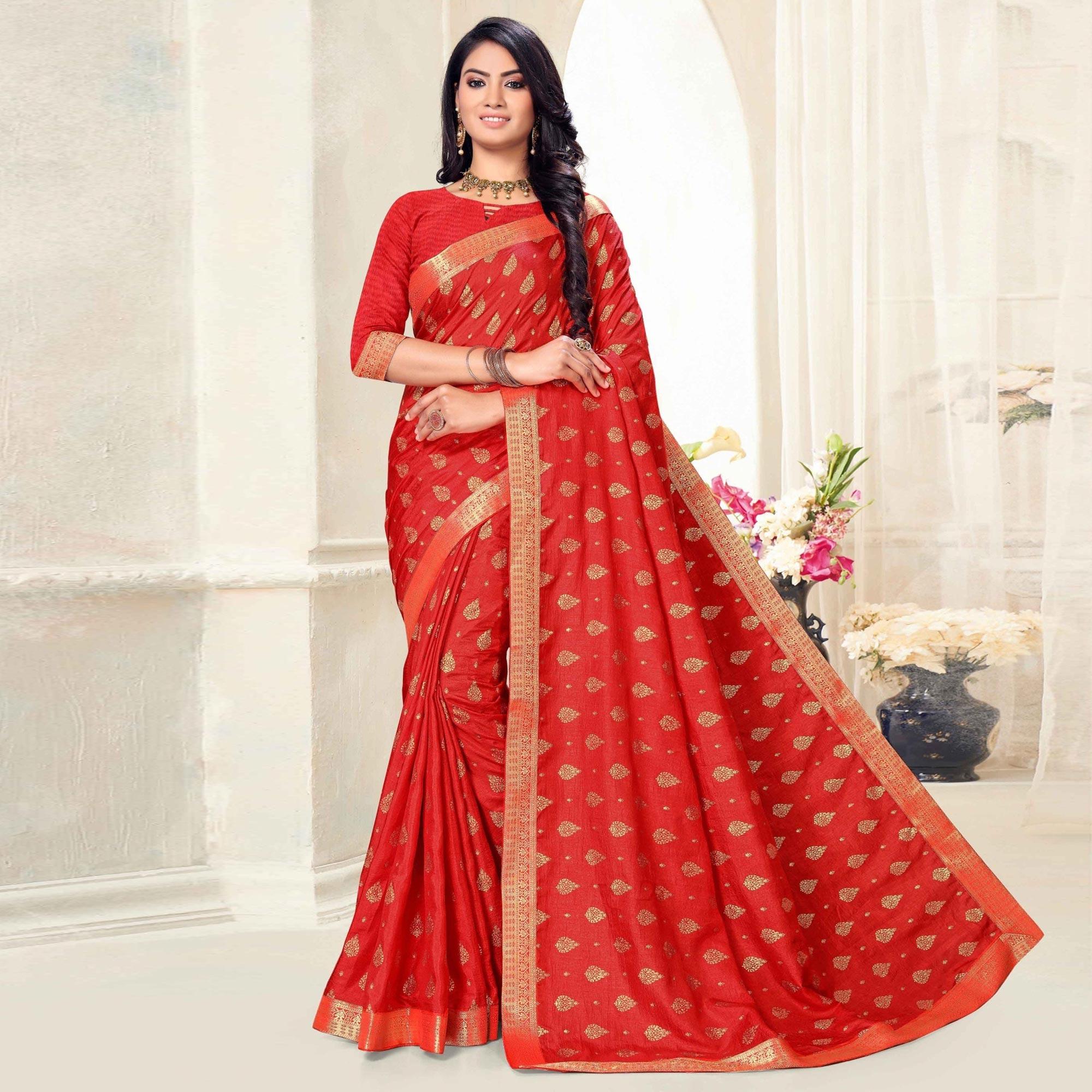 Red Woven Vichitra Silk Saree - Peachmode
