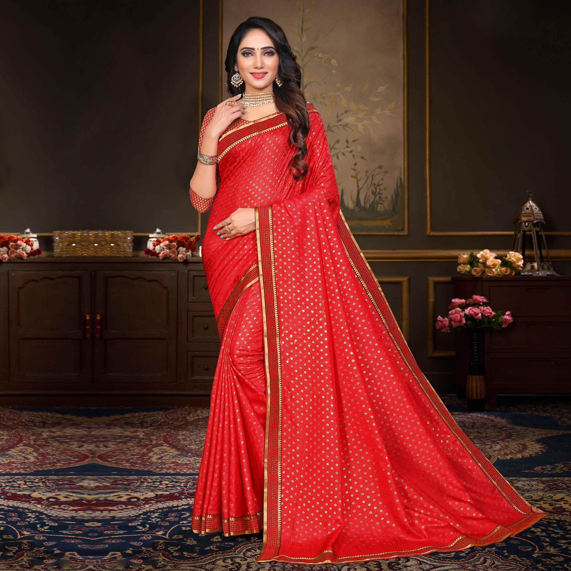 Red Woven Vichitra Silk Saree - Peachmode