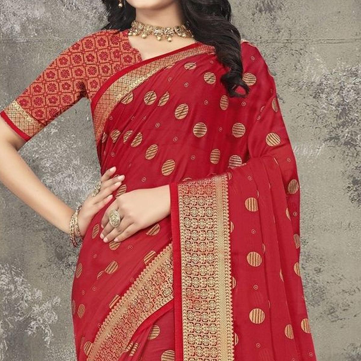 Red Woven Vichitra Silk Saree - Peachmode