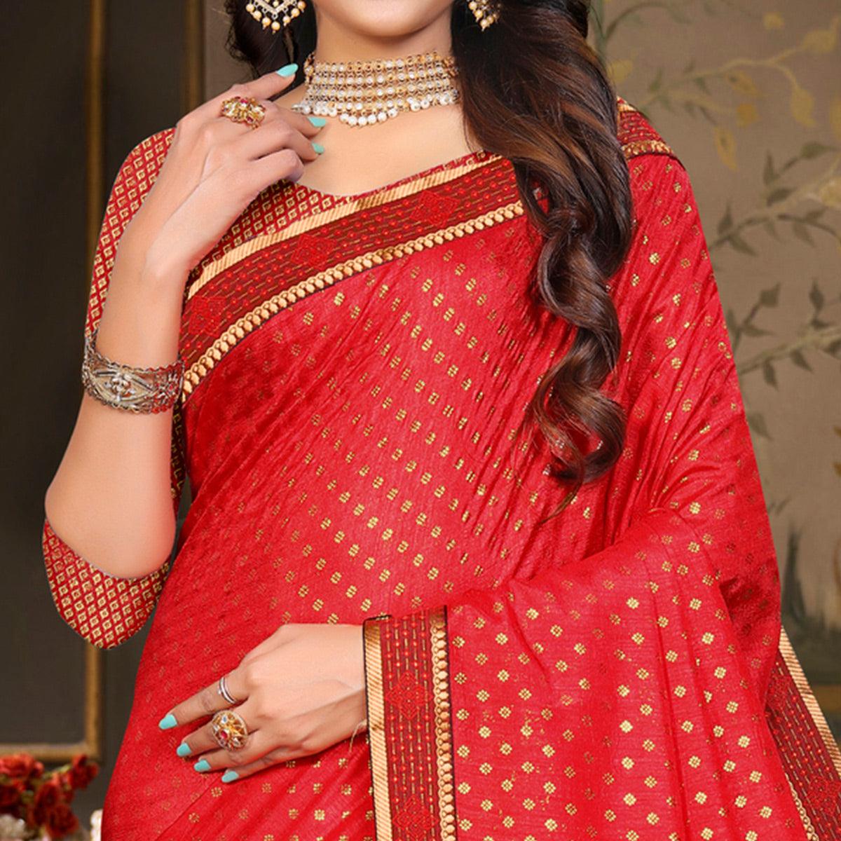 Red Woven Vichitra Silk Saree - Peachmode