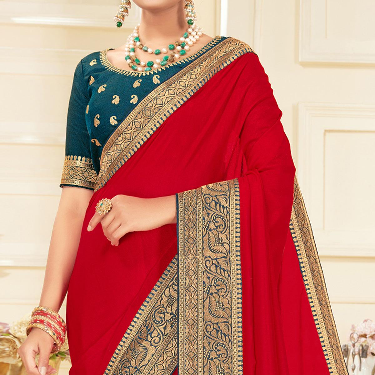 Red Woven Vichitra Silk Saree - Peachmode