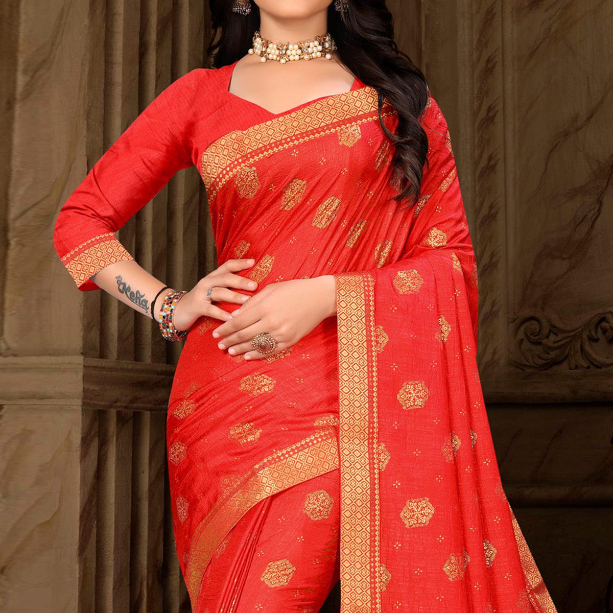Red Woven Vichitra Silk Saree - Peachmode