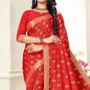 Red Woven Vichitra Silk Saree - Peachmode