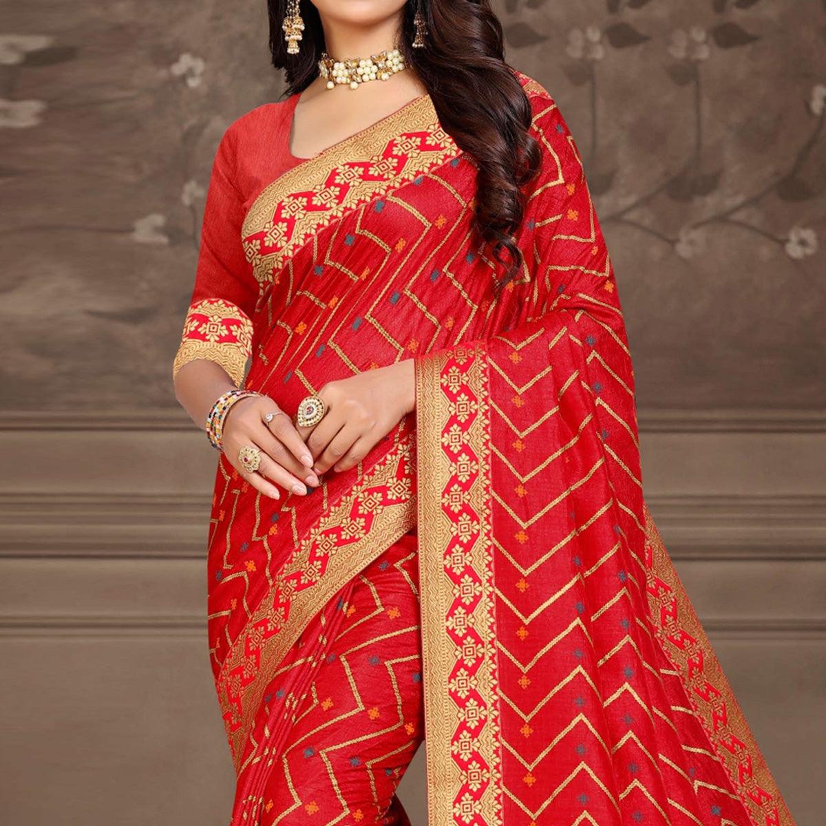 Red Woven Vichitra Silk Saree - Peachmode