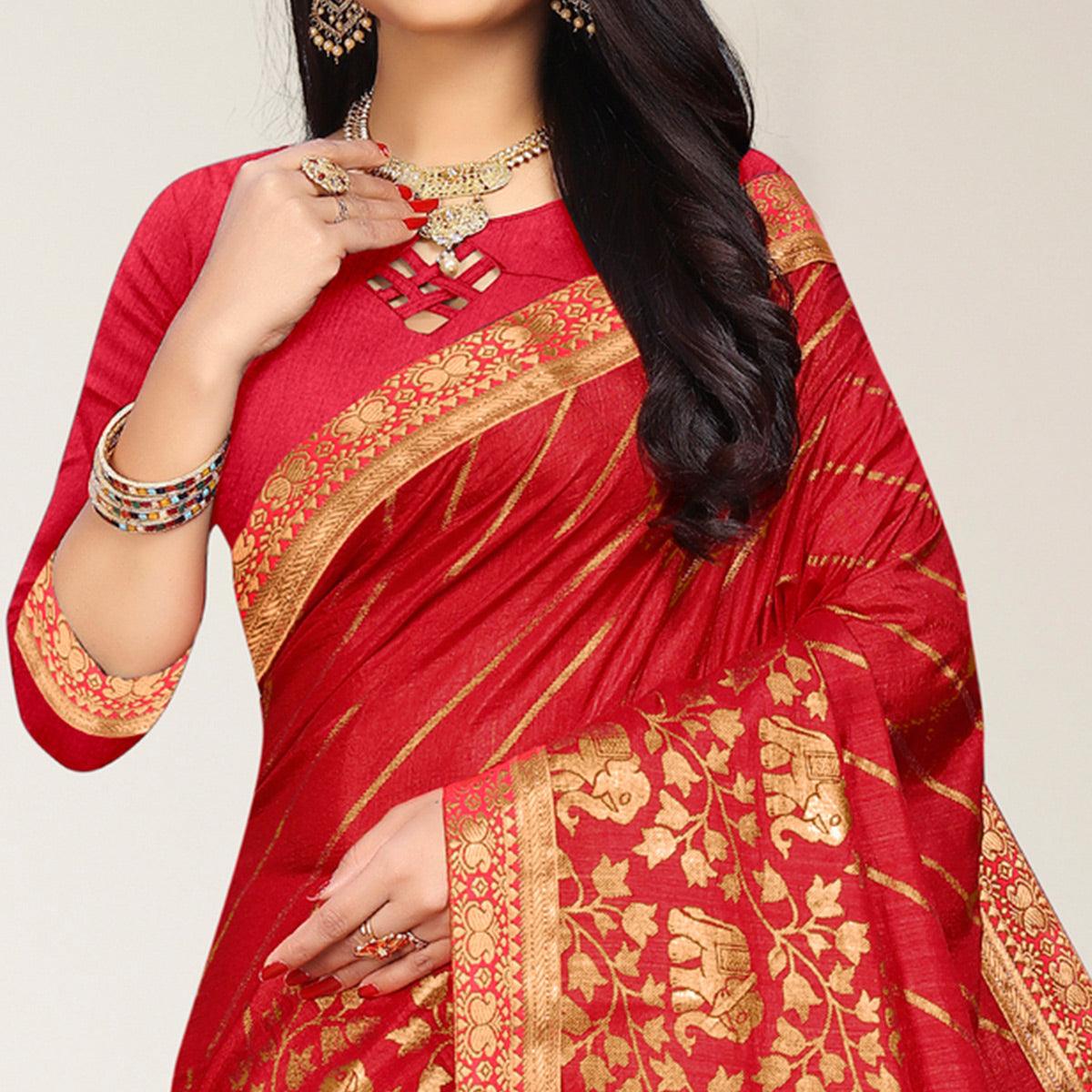 Red Woven Vichitra Silk Saree - Peachmode