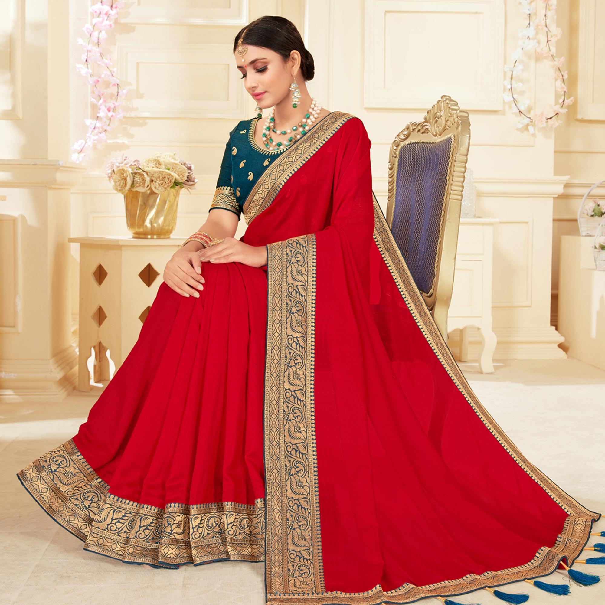 Red Woven Vichitra Silk Saree - Peachmode