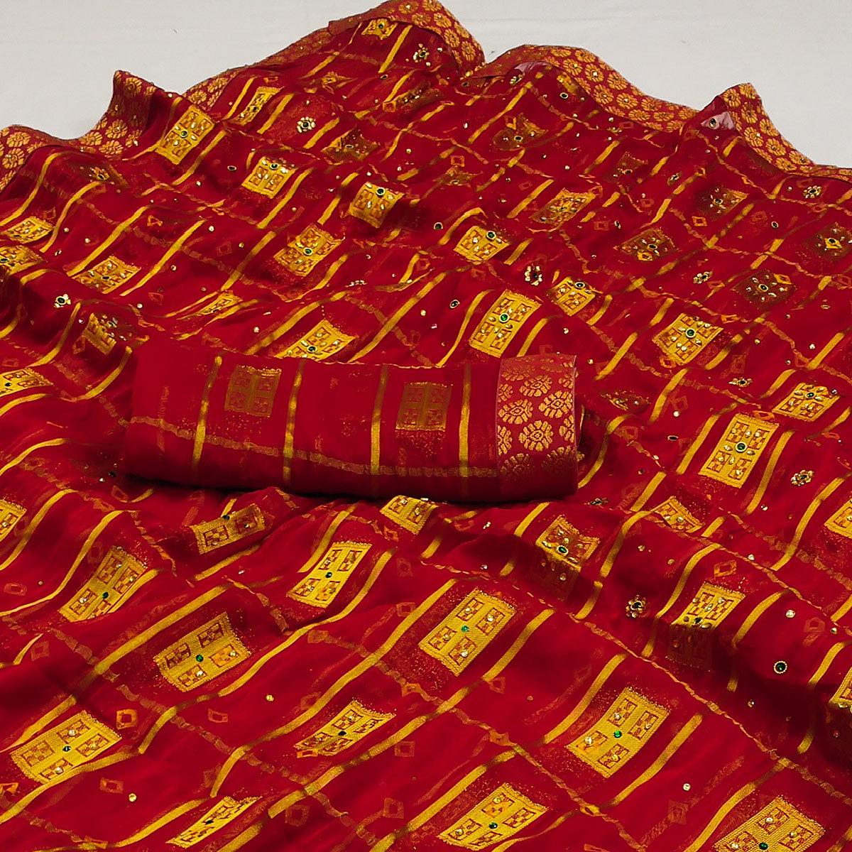 Red Woven With Embellished Chiffon Saree - Peachmode