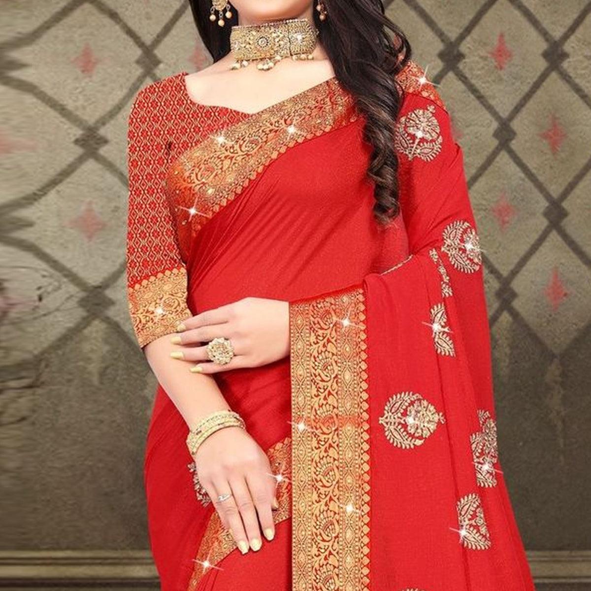Red Woven With Embellished Vichitra Silk Saree - Peachmode