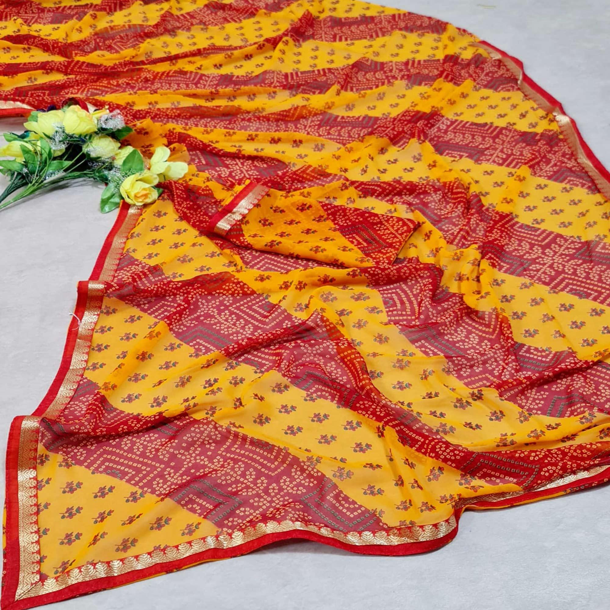 Red-Yellow Casual Wear Printed Georgette Saree With Lace Border - Peachmode