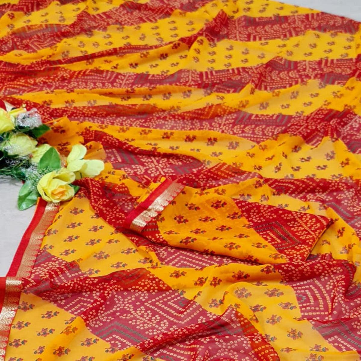 Red-Yellow Casual Wear Printed Georgette Saree With Lace Border - Peachmode