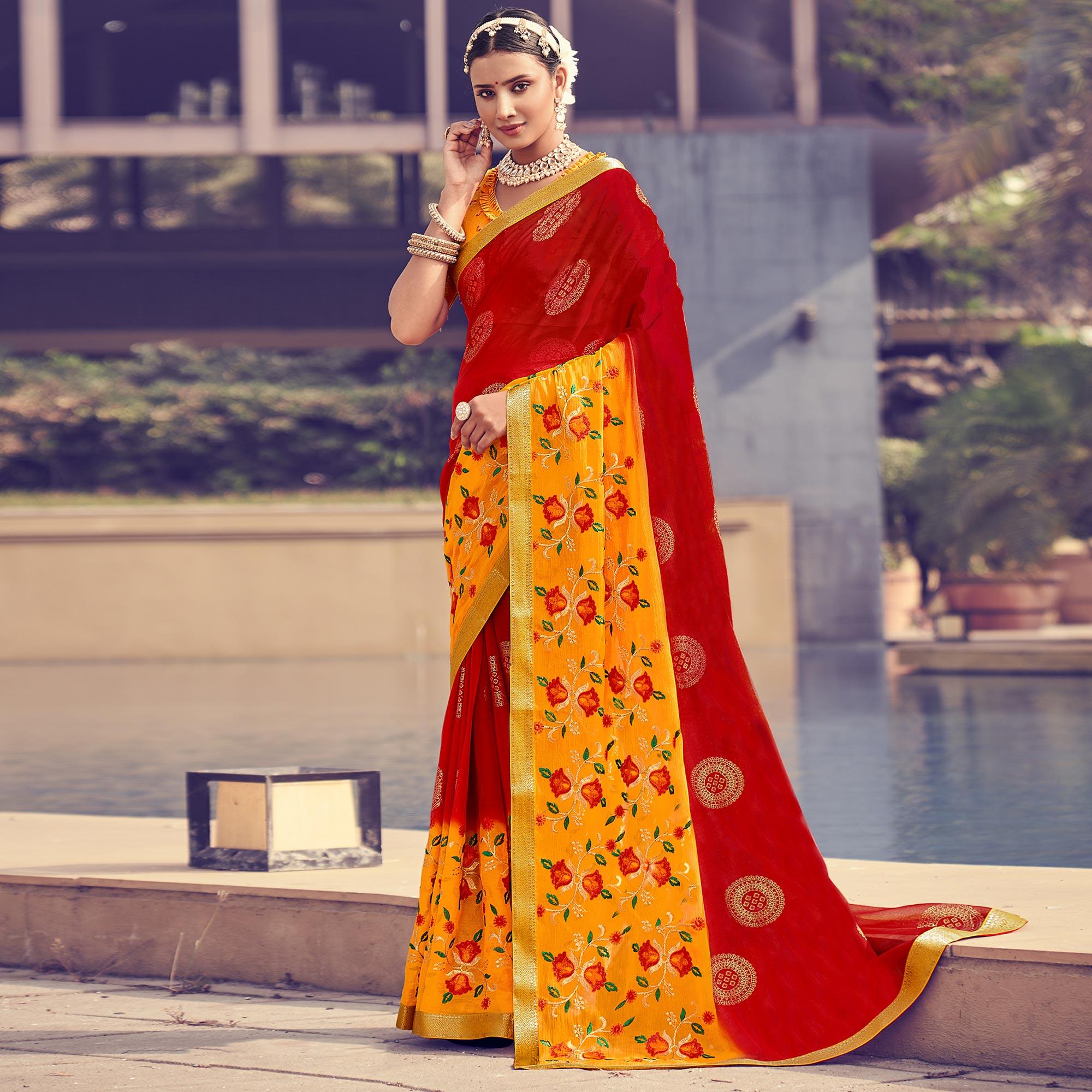 Red - Yellow Floral Embroidered With Foil Printed Chiffon Half & Half Saree - Peachmode