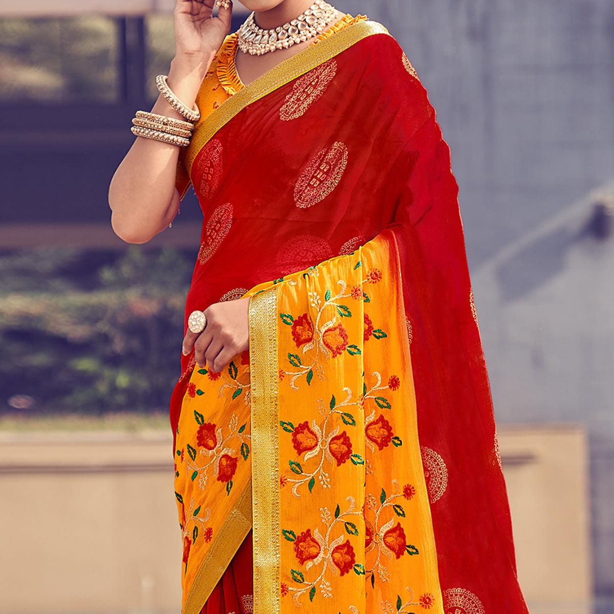 Red - Yellow Floral Embroidered With Foil Printed Chiffon Half & Half Saree - Peachmode