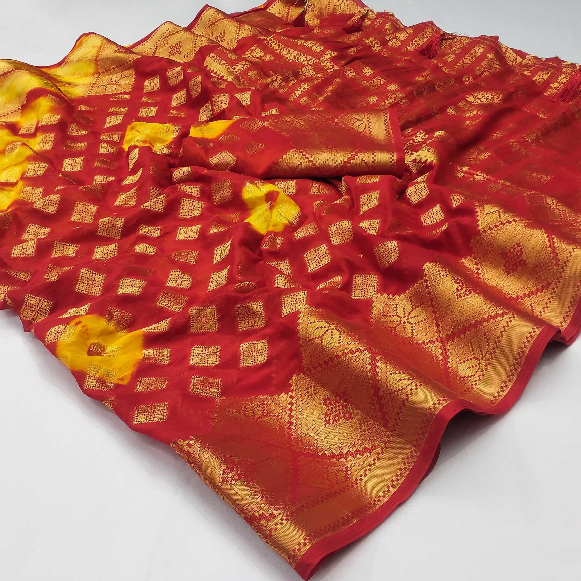 Red-Yellow Woven Jacquard Saree With Tassels - Peachmode