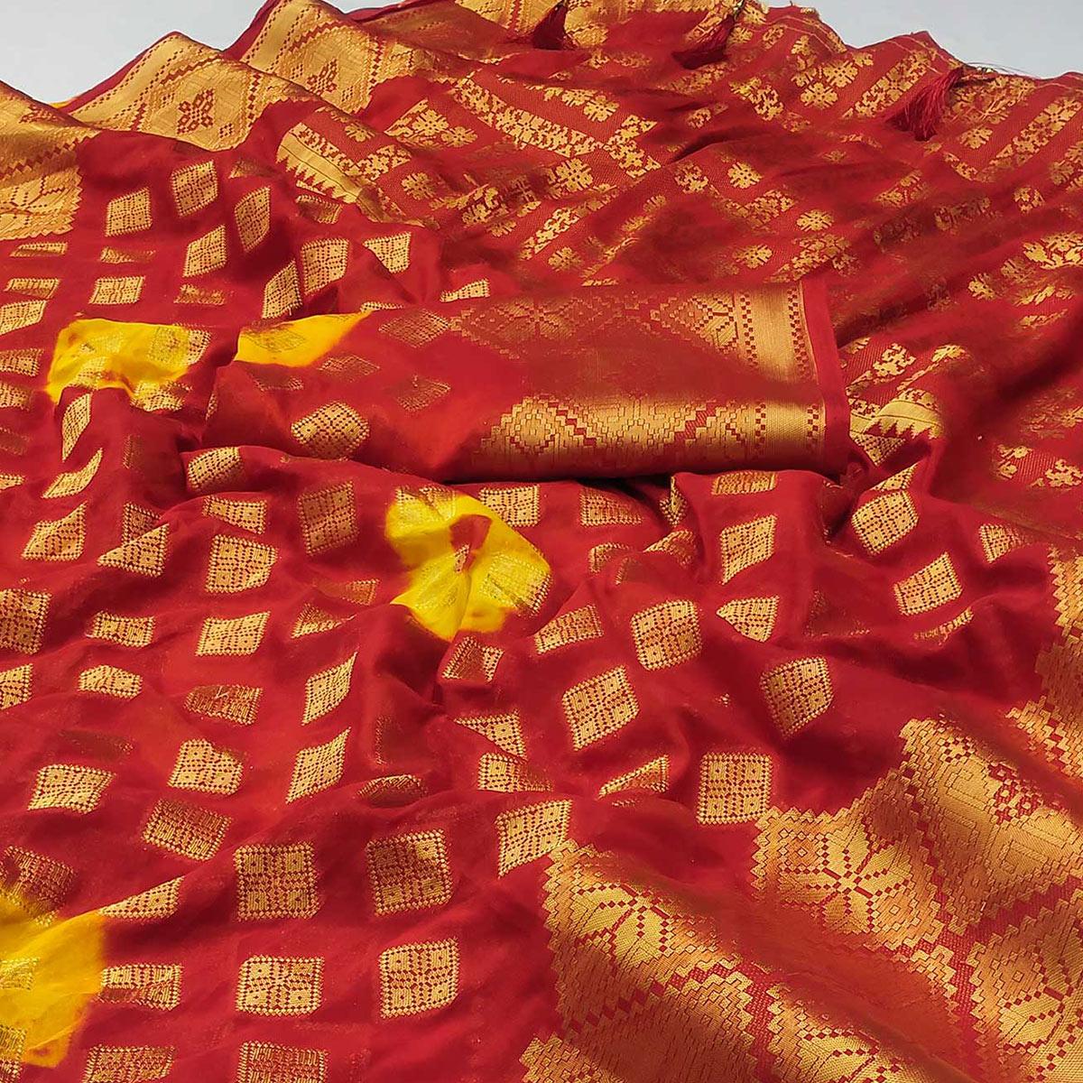 Red-Yellow Woven Jacquard Saree With Tassels - Peachmode