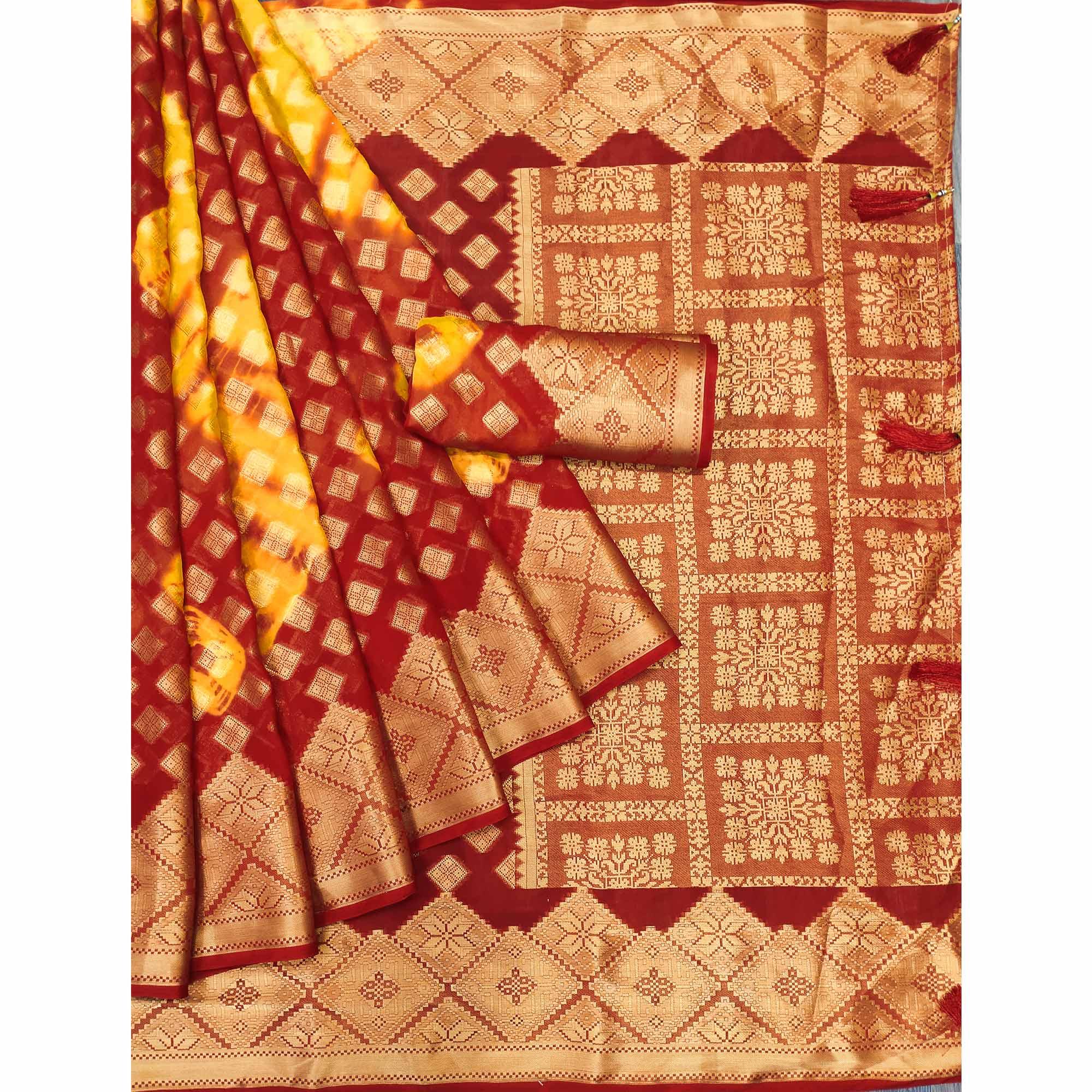 Red-Yellow Woven Jacquard Saree With Tassels - Peachmode