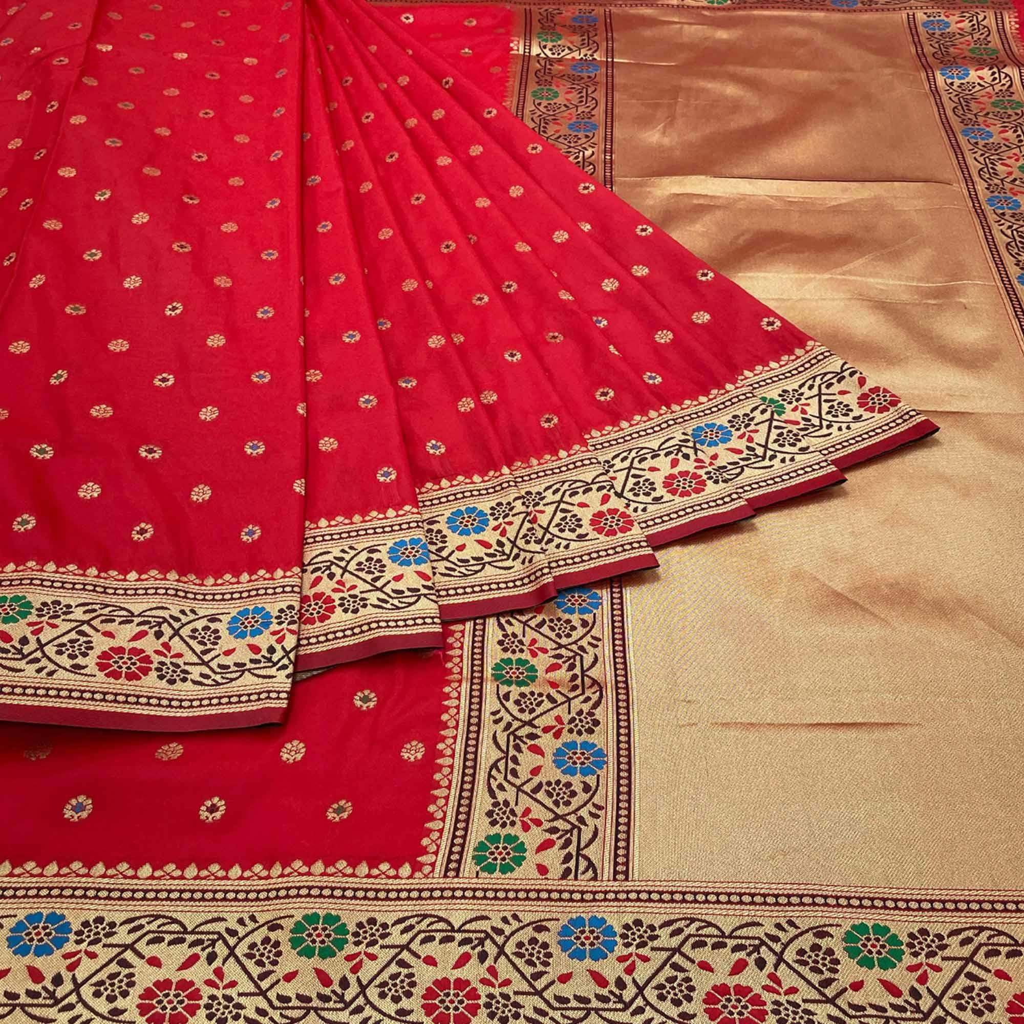 Red Zari Woven Art Silk Saree - Peachmode