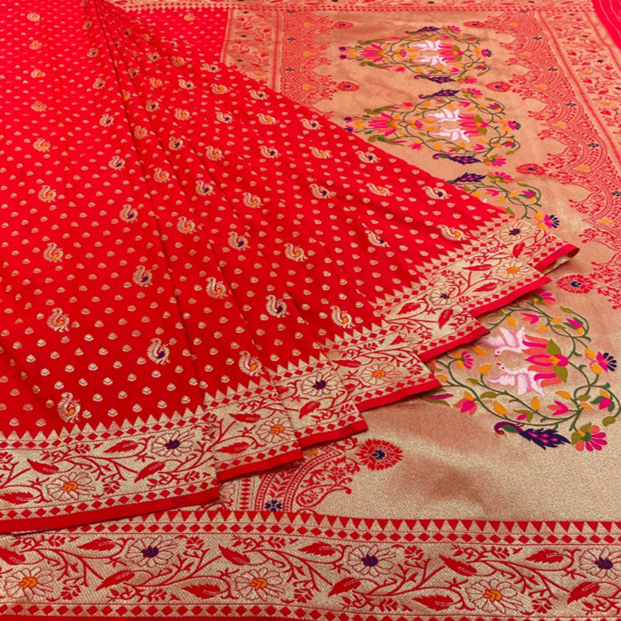 Red Zari Woven Art Silk Saree - Peachmode