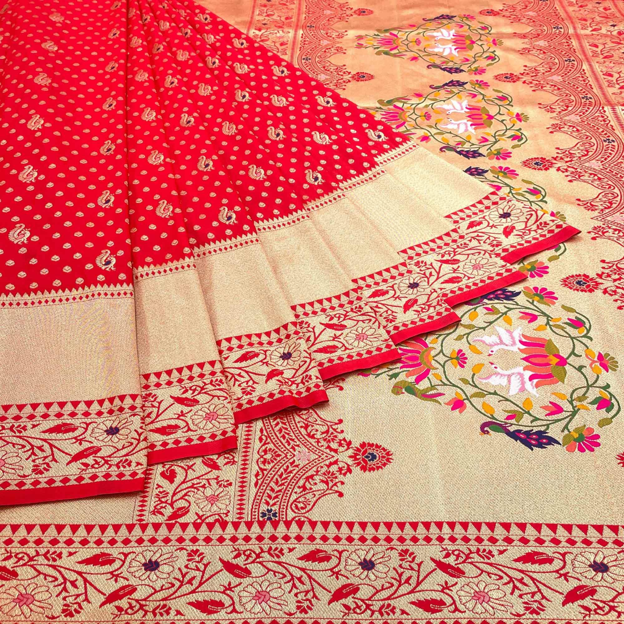 Red Zari Woven Art Silk Saree - Peachmode