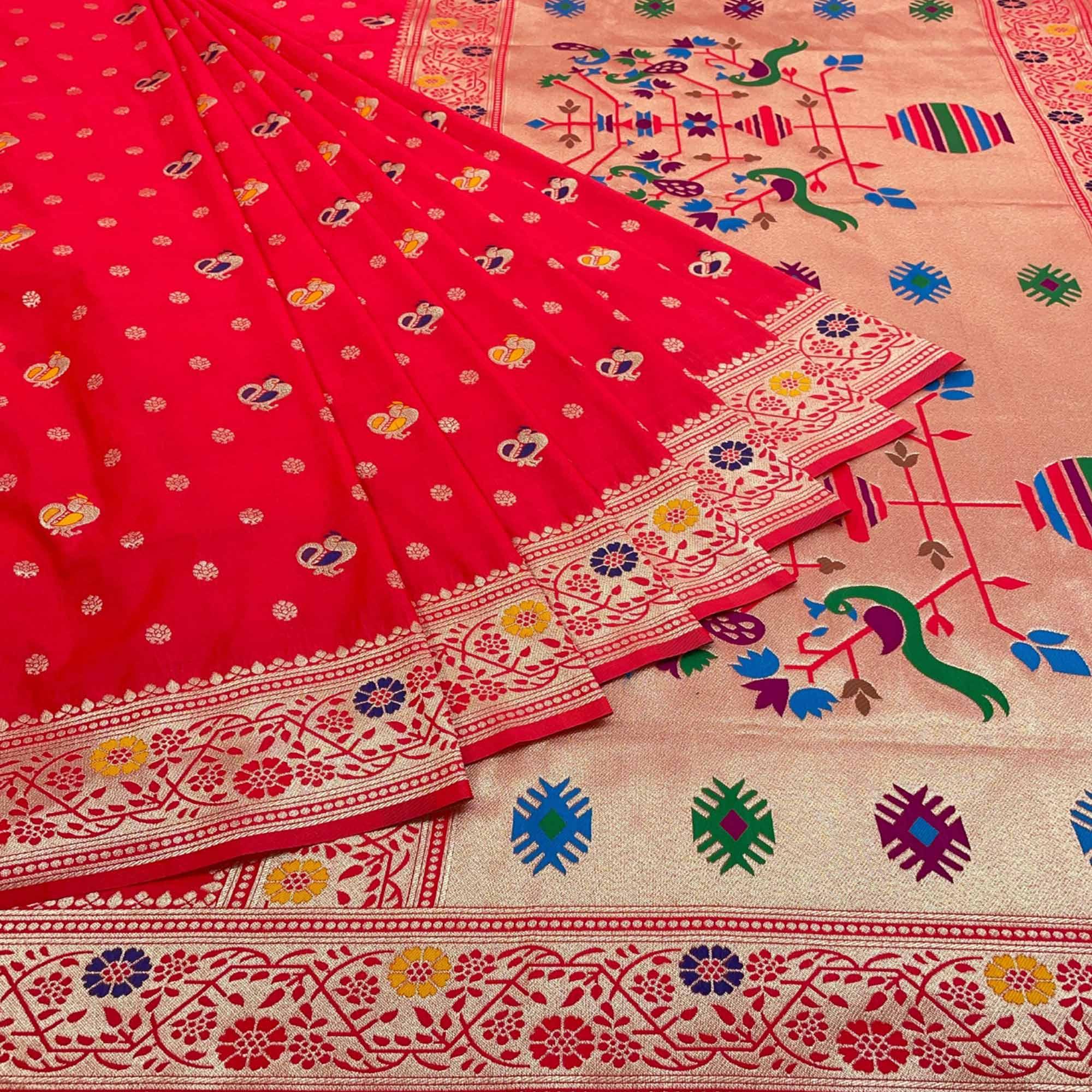 Red Zari Woven Art Silk Saree - Peachmode