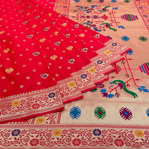 Red Zari Woven Art Silk Saree - Peachmode