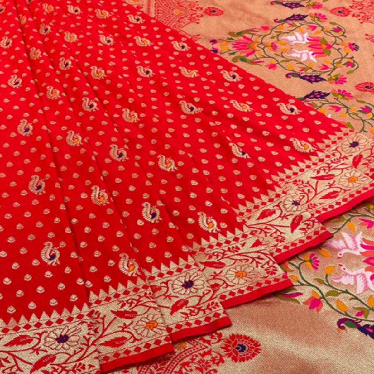 Red Zari Woven Art Silk Saree - Peachmode
