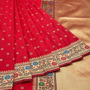 Red Zari Woven Art Silk Saree - Peachmode