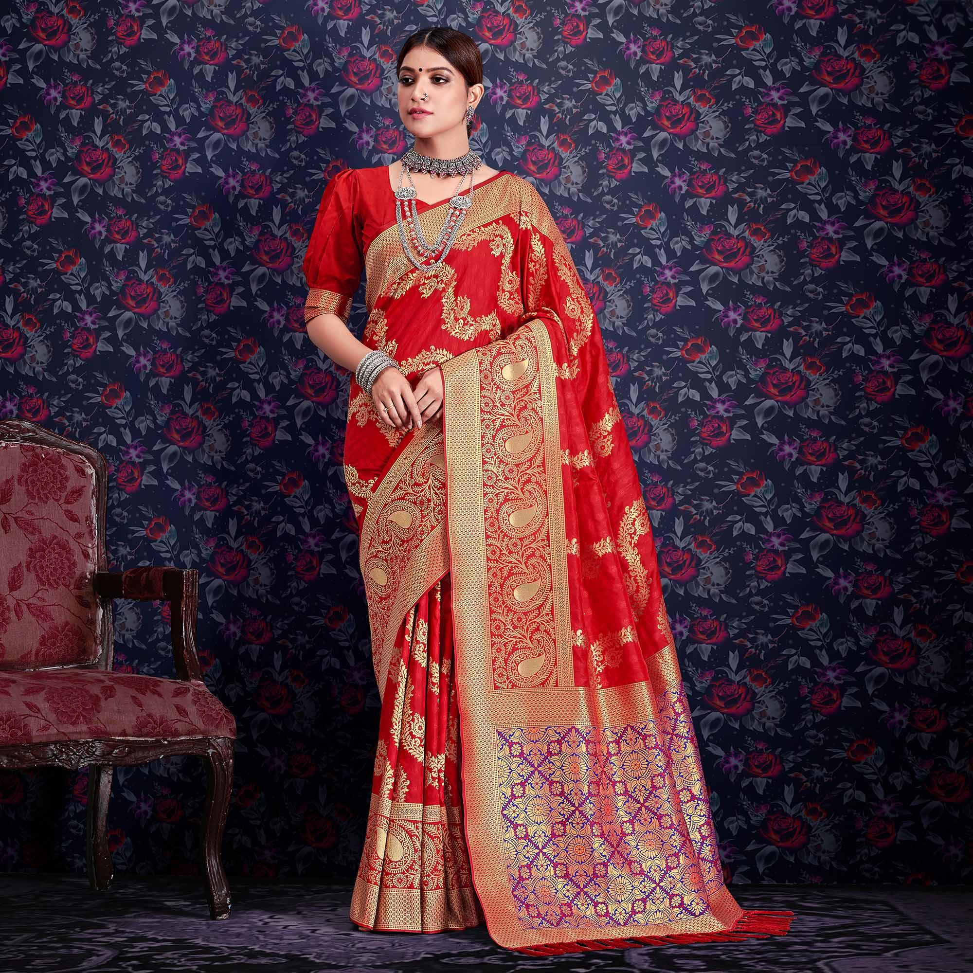 Red Zari Woven Art Silk Saree - Peachmode