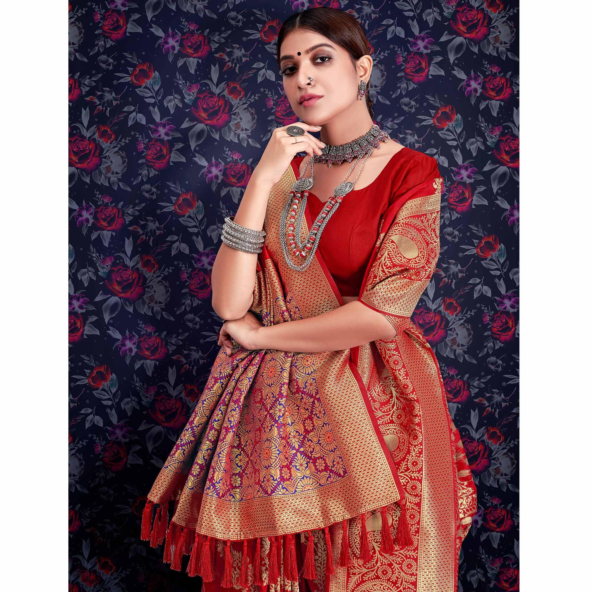 Red Zari Woven Art Silk Saree - Peachmode