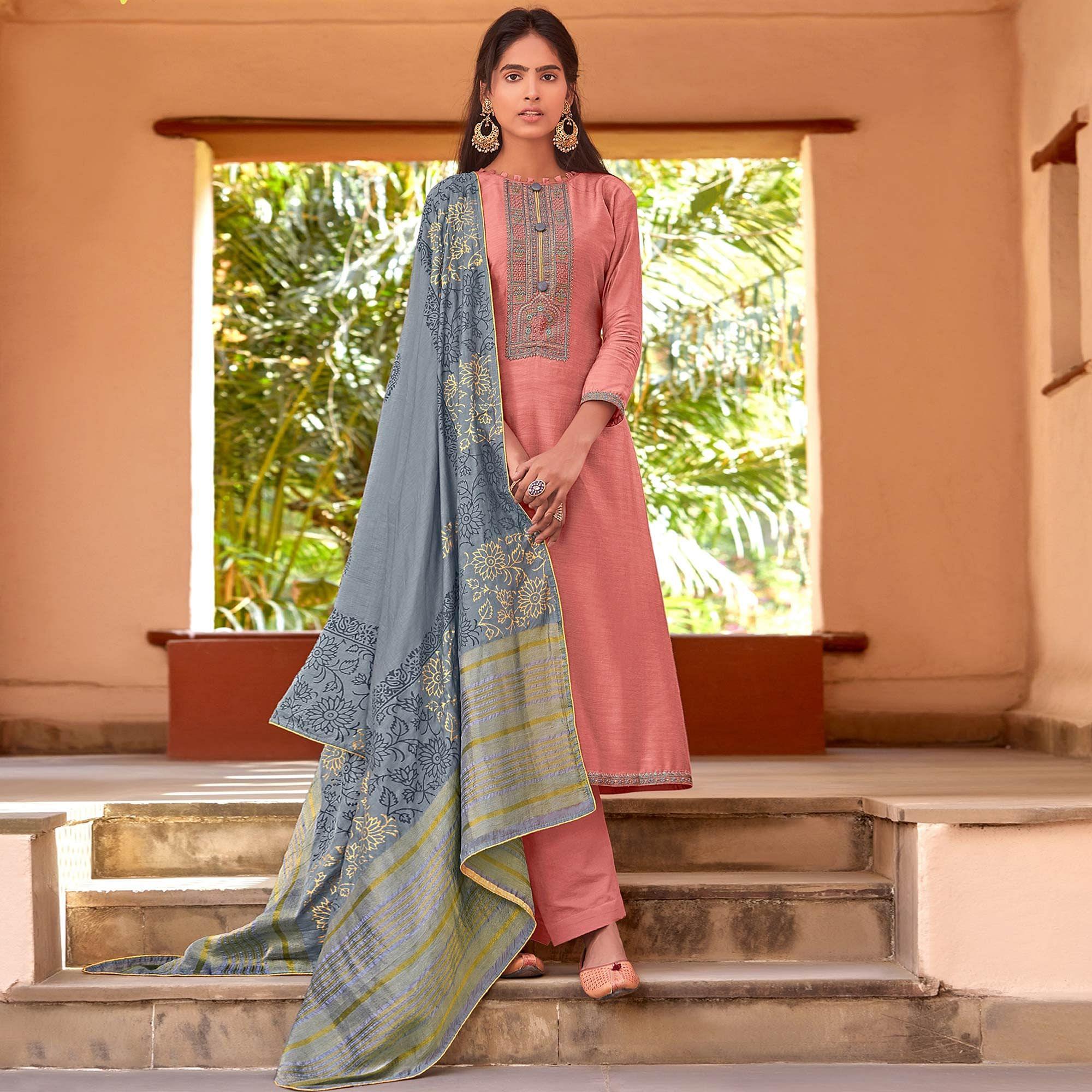 Reddish Festive Wear Embroidered Viscose Cotton Silk Salwar Suit - Peachmode
