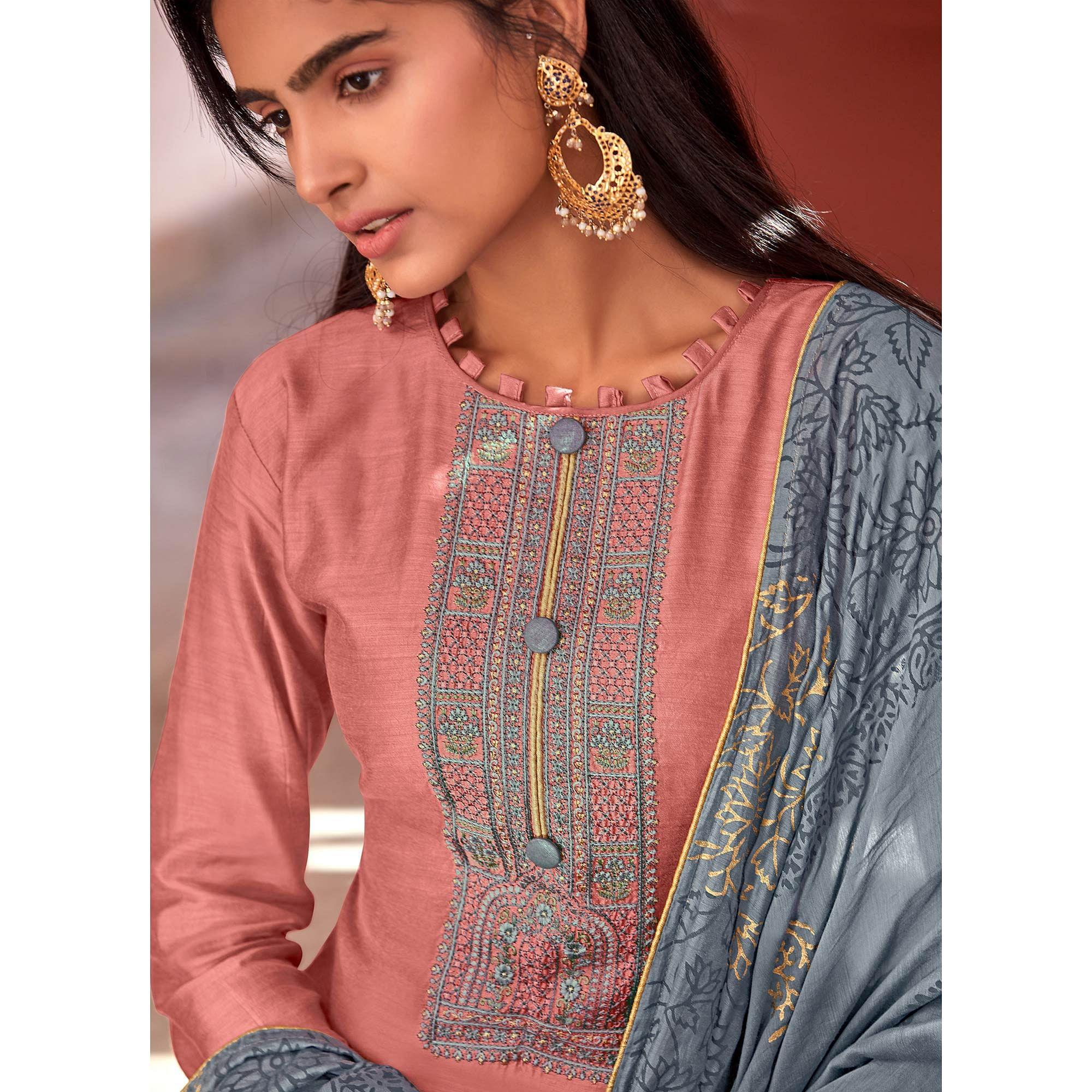Reddish Festive Wear Embroidered Viscose Cotton Silk Salwar Suit - Peachmode