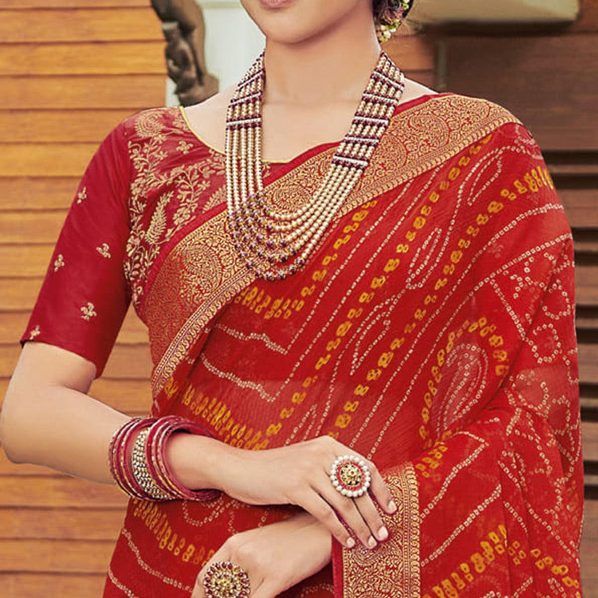 Reddish Orange Casual Wear Bandhani Printed Chiffon Saree - Peachmode