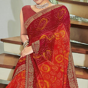 Reddish Orange Casual Wear Bandhani Printed Chiffon Saree - Peachmode