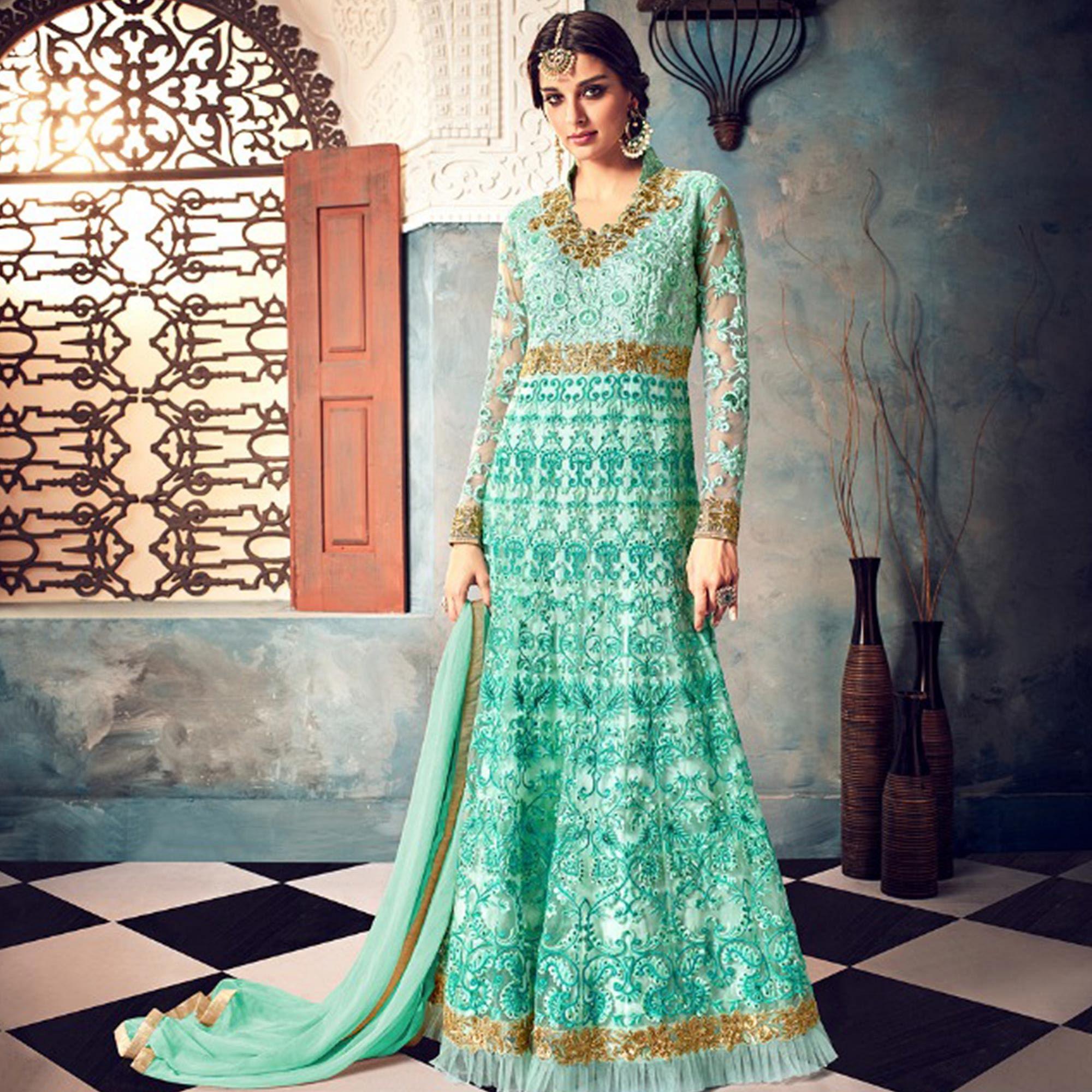 Refreshing Aqua Blue Colored Partywear Embroidered Netted Anarkali Suit - Peachmode