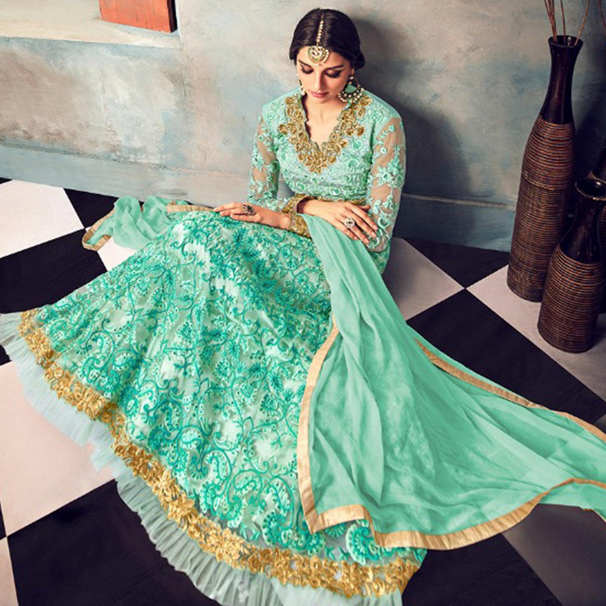 Refreshing Aqua Blue Colored Partywear Embroidered Netted Anarkali Suit - Peachmode