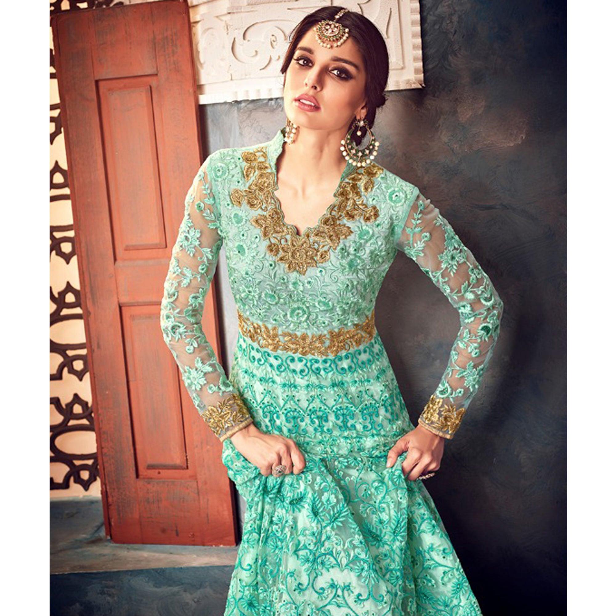 Refreshing Aqua Blue Colored Partywear Embroidered Netted Anarkali Suit - Peachmode