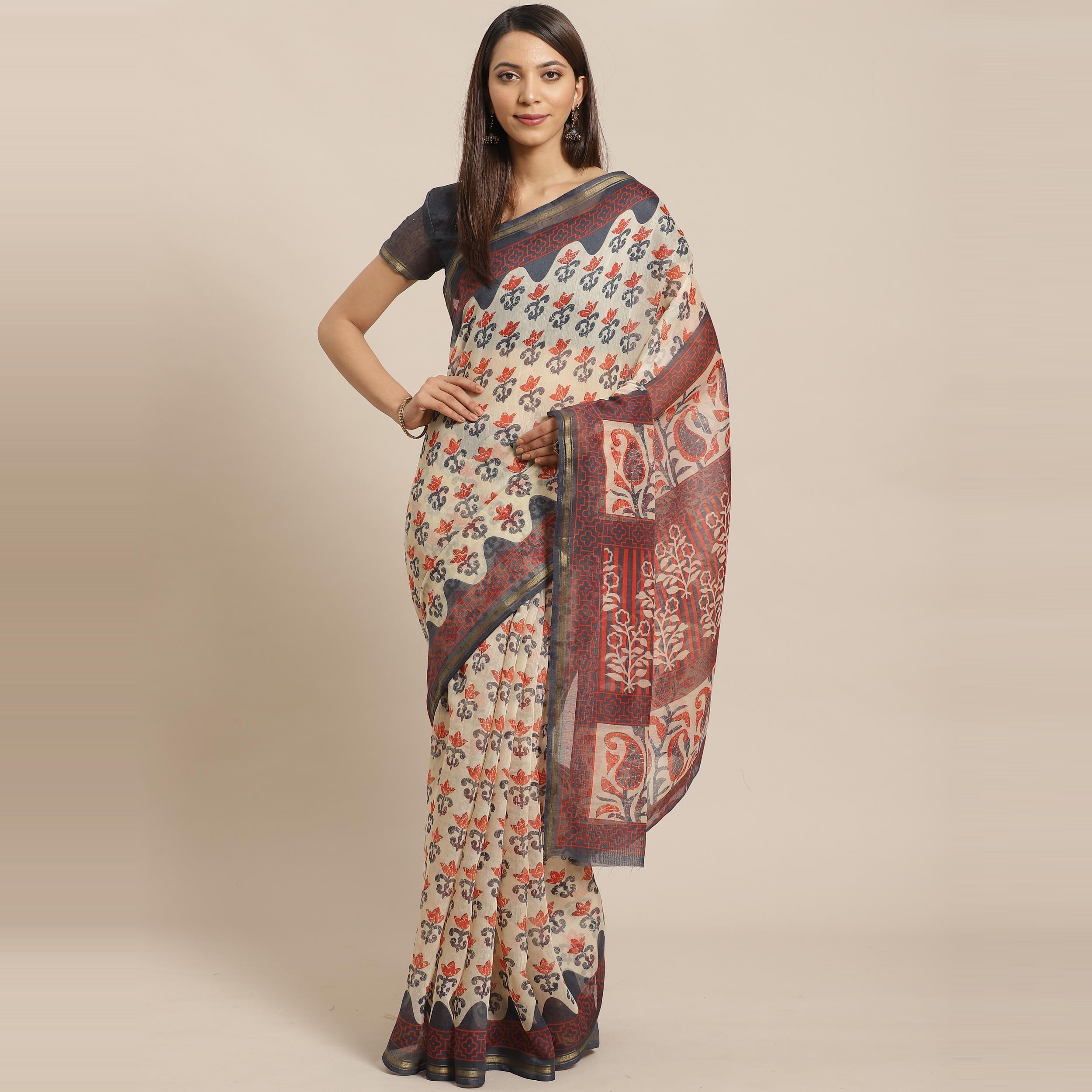 Refreshing Beige Colored Casual Wear Printed Silk Blend Saree - Peachmode