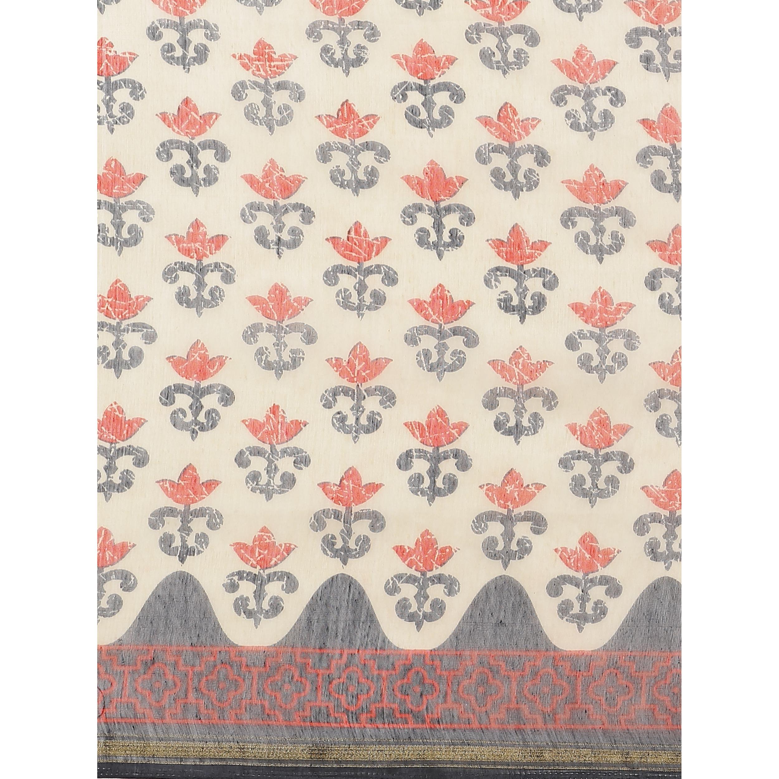 Refreshing Beige Colored Casual Wear Printed Silk Blend Saree - Peachmode