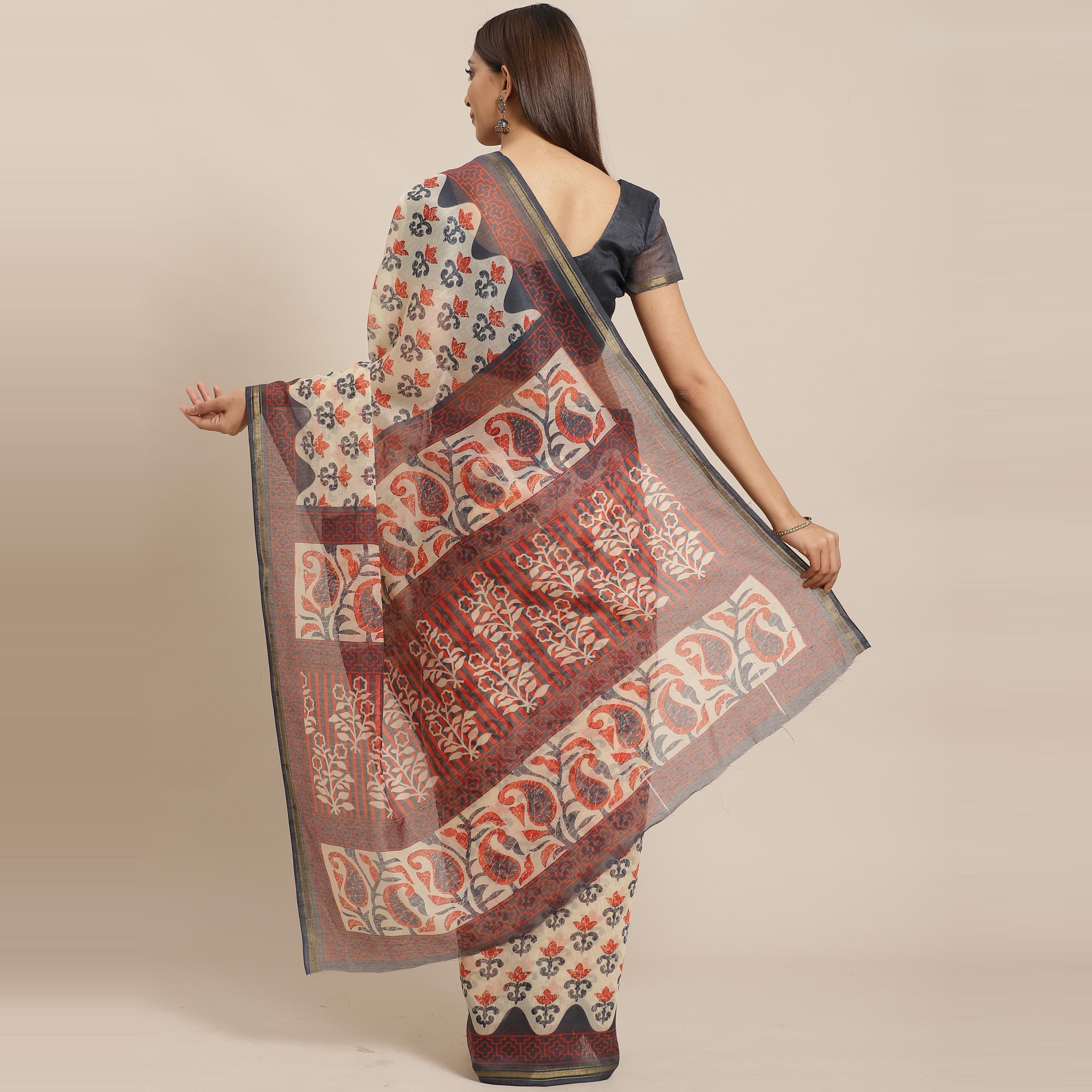 Refreshing Beige Colored Casual Wear Printed Silk Blend Saree - Peachmode