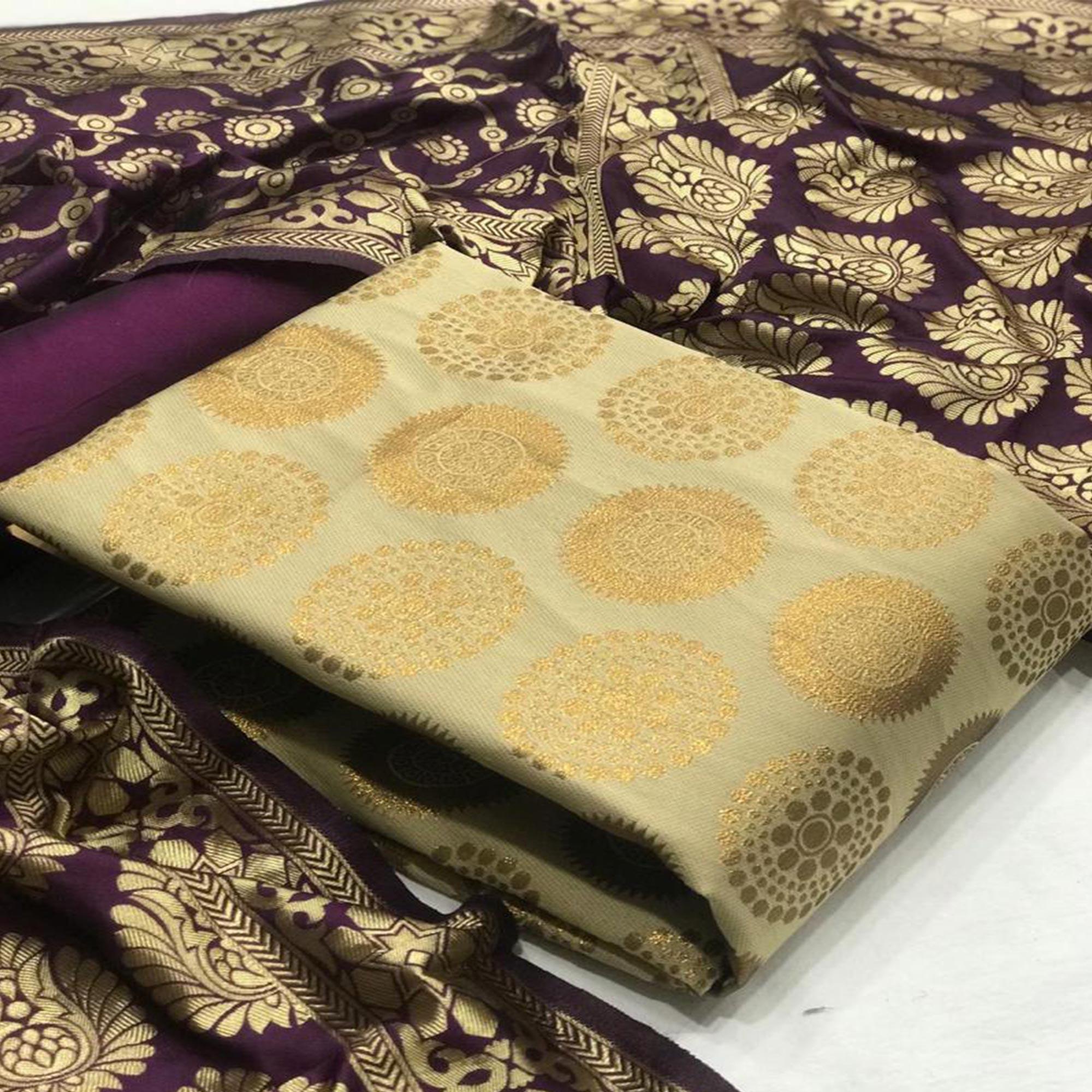 Refreshing Beige Colored Casual Wear Woven Banarasi Silk Dress Material - Peachmode