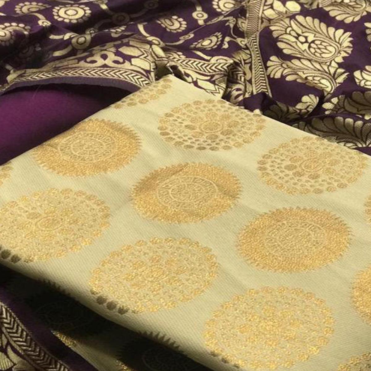 Refreshing Beige Colored Casual Wear Woven Banarasi Silk Dress Material - Peachmode