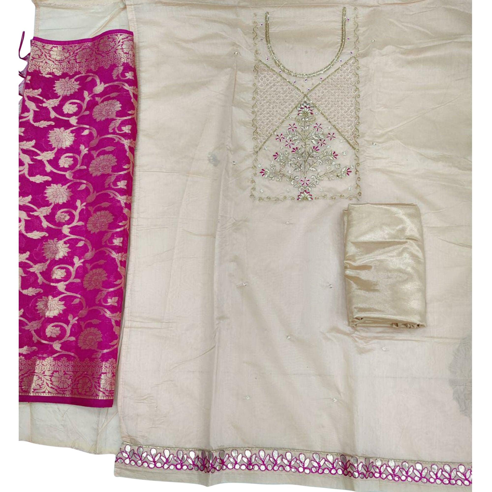 Refreshing Beige Colored Festive Wear Embroidered Modal Chanderi Dress Material - Peachmode